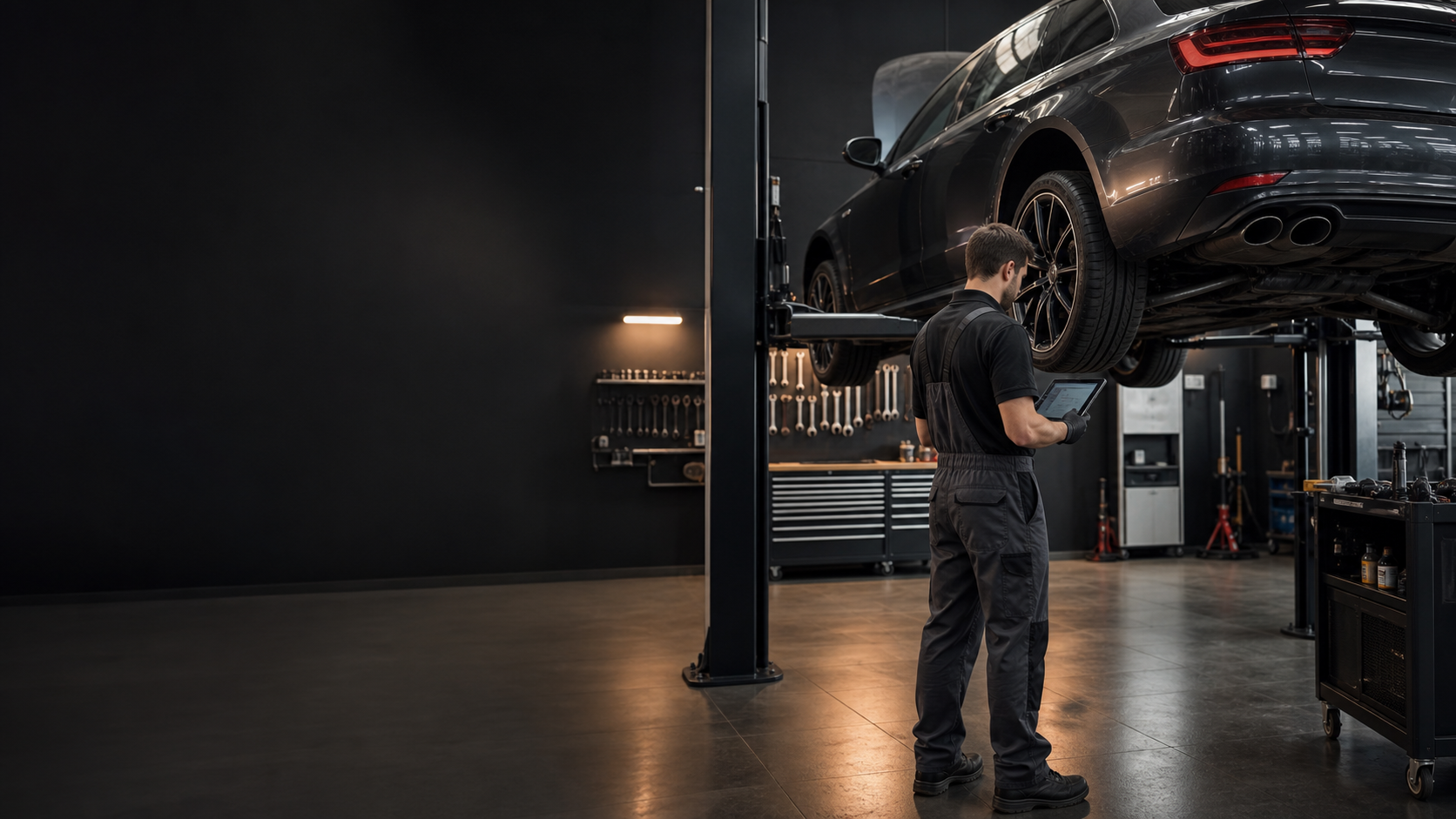Moderni autoservis s vozilom na dizalici
