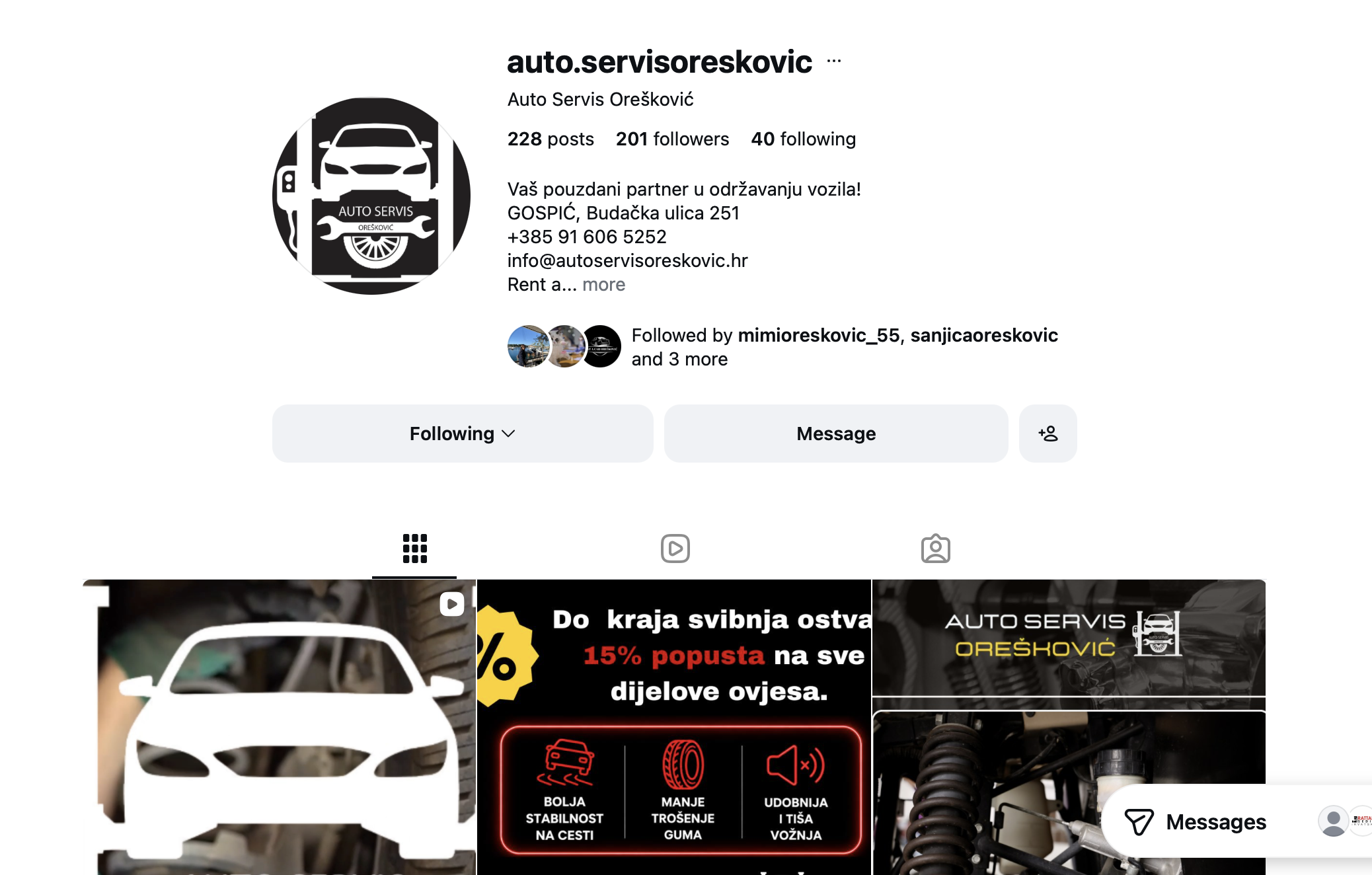 Screenshot Instagram profila Auto Servis Orešković